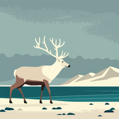 Reindeer in arctic tundra. Arctic animals in natural habitat. Flat vector illustration concept. Generative AI