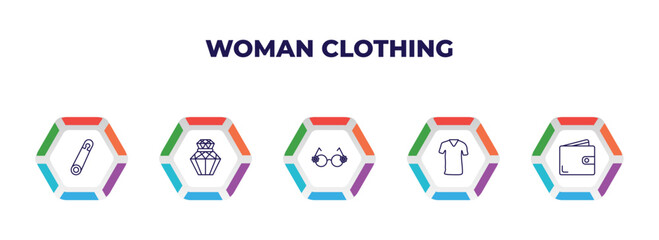 editable outline icons with infographic template. infographic for woman clothing concept. included perdible pin, parfum, round eyeglasses, clothes, wallet icons.