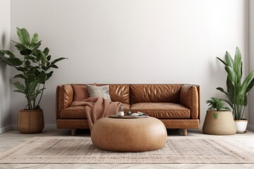 Interior wall mockup of a living room with a tan brown leather sofa, a round green pillow covered in plaid, a potted plant, and a rug. Generative AI