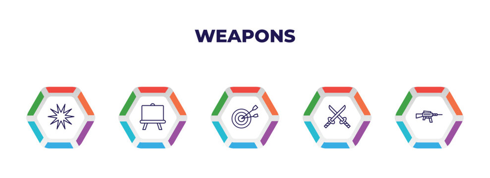 editable outline icons with infographic template. infographic for weapons concept. included burst, boards, objetive, 2 katanas, hine gun icons.