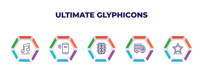 editable outline icons with infographic template. infographic for ultimate glyphicons concept. included big music note, phone connection, big traffic light, big cargo truck, empty star icons.