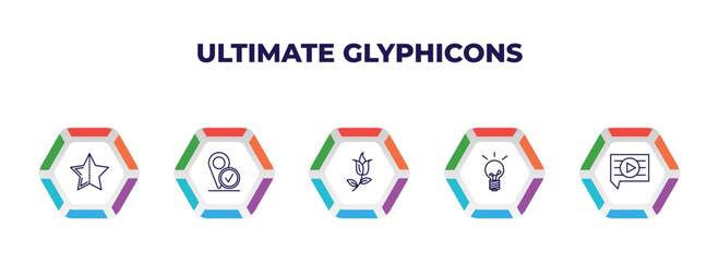 editable outline icons with infographic template. infographic for ultimate glyphicons concept. included half star full, checked pin, flower with leaves, light bulb on, video comment icons.
