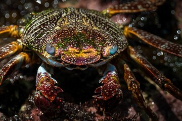 Close up shot of a crab (Brachyura) with a bright colorful pattern shell