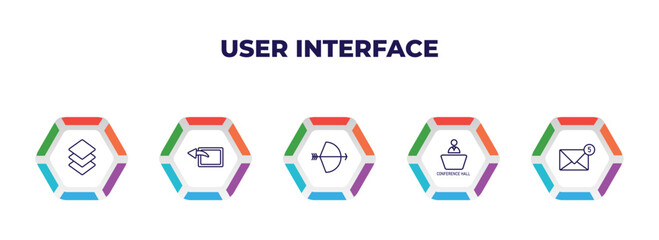 editable outline icons with infographic template. infographic for user interface concept. included layer button, window back button, archer, conference hall, new message icons.