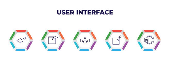 editable outline icons with infographic template. infographic for user interface concept. included curve left arrow, export arrow, gap, make, no tittling icons.