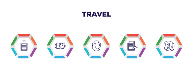 editable outline icons with infographic template. infographic for travel concept. included suitcases, time zone, basic moon, claim, sleeping icons.