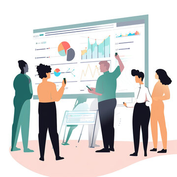 Digital Illustration of a team of professionals gathered to present data, generative AI