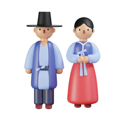 Korean culture 3d hanbok couple isolated on white background