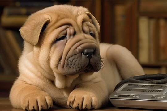 Shar Pei pup dog paying close attention to DVD player. Generative AI