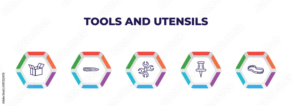 Poster editable outline icons with infographic template. infographic for tools and utensils concept. includ