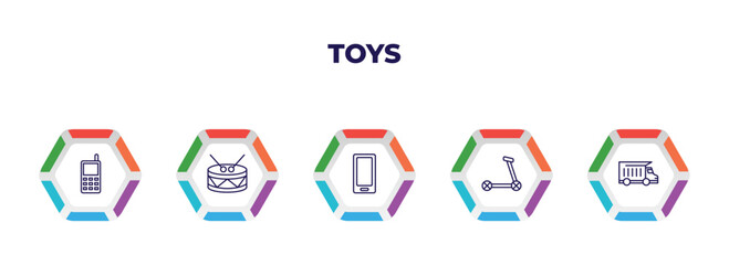 editable outline icons with infographic template. infographic for toys concept. included phone toy, drum toy, telephone toy, scooter dump truck icons.