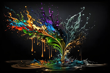 Colorful gradient abstract splash in fluid art style on a black background. Generated AI