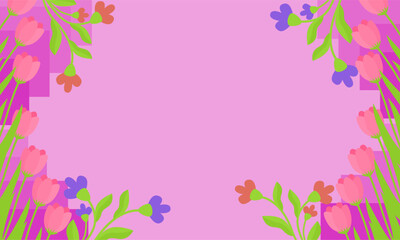 Hand drawn pink tulip background with geometric shapes. Flowers purple background with copy spaces. Good for banner, wallpaper and template.