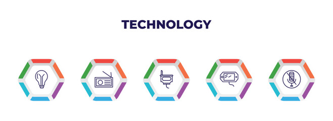 editable outline icons with infographic template. infographic for technology concept. included bulb, radio journalism, power plug, , microphone interface icons.