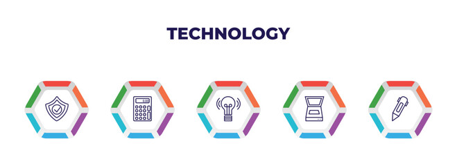 editable outline icons with infographic template. infographic for technology concept. included safe shield protection, basic calculator, wireless lighting, scanner with cover, digital pen icons.