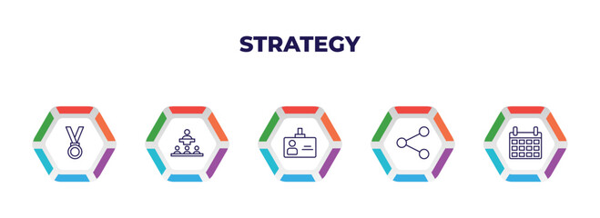 editable outline icons with infographic template. infographic for strategy concept. included medal, conference, visitor, connection, calendar icons.