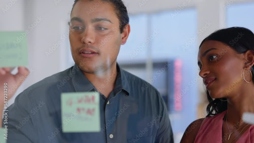 Poster Writing, brainstorming and business people in office for planning, schedule or agenda on sticky note. Teamwork, collaboration and man with woman on vision board for strategy, problem solving and goal