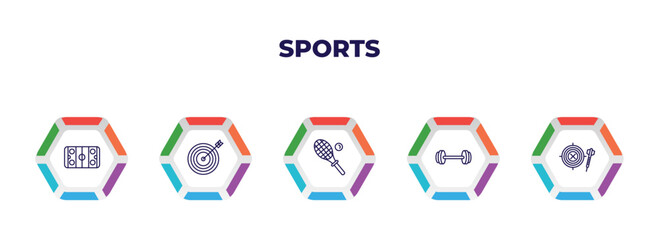 editable outline icons with infographic template. infographic for sports concept. included hockey arena, bullseye, squash, gym weight, dartboard with dart icons.