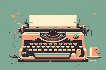 Old vintage mechanical typewriter and empty blank sheet of paper inserted. Cartoon illustration generative AI. Classic qwerty type bar on retro writing equipment