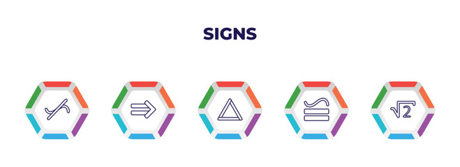 editable outline icons with infographic template. infographic for signs concept. included not similar, implies if, triangles, is congruent to, square root icons.