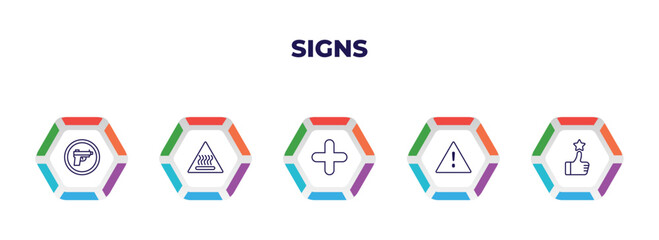 editable outline icons with infographic template. infographic for signs concept. included gun, heat, addition, alert, superior icons.