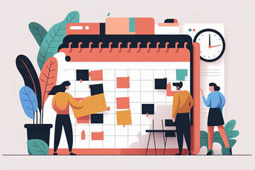 People standing near calendar, planning teamwork meeting with business strategy presentation. Concept of schedule with project deadline and productivity metric, flat cartoon illustration generative AI