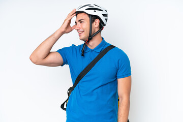 Young caucasian man with thermal backpack isolated on white background has realized something and intending the solution