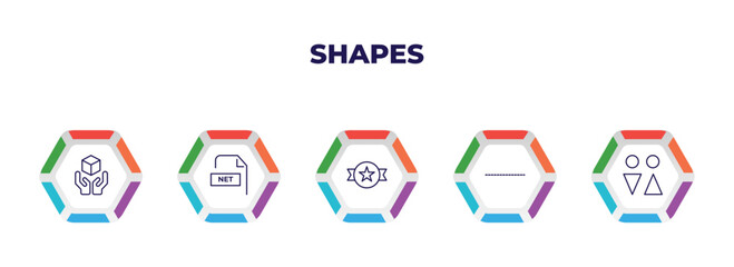 editable outline icons with infographic template. infographic for shapes concept. included handle with care, net contents, trademark, cut here, male and female icons.