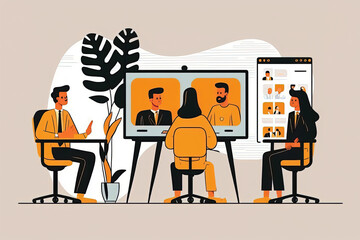 People on remote work using video call for online conference discuss business strategy, looking at meeting on computer screen. Communication technology concept, flat cartoon illustration generative AI