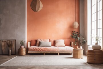 Japandi living room with plaster wall. Macrame wall art and minimalist fabric couch. Wabi sabi decor,. Generative AI