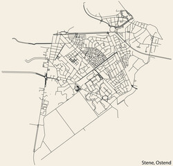 Fototapeta na wymiar Detailed hand-drawn navigational urban street roads map of the STENE MUNICIPALITY of the Belgian city of OSTEND, Belgium with vivid road lines and name tag on solid background