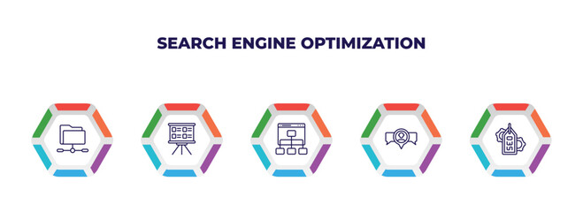 editable outline icons with infographic template. infographic for search engine optimization concept. included shared folder, whiteboard, sitemap, viral marketing, tags icons.