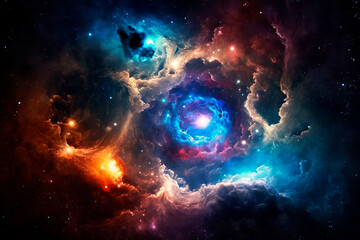 Obraz na płótnie Canvas Colorful space galaxy cloud nebula. Stary night cosmos. Universe science astronomy. Supernova background wallpaper Generative AI.
