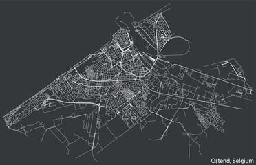 Detailed hand-drawn navigational urban street roads map of the Belgian city of OSTEND, BELGIUM with solid road lines and name tag on vintage background