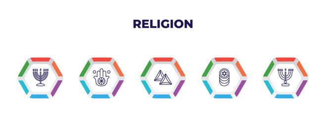editable outline icons with infographic template. infographic for religion concept. included big menorah, karma, hamantaschen, jewish coins, jewish candles icons.