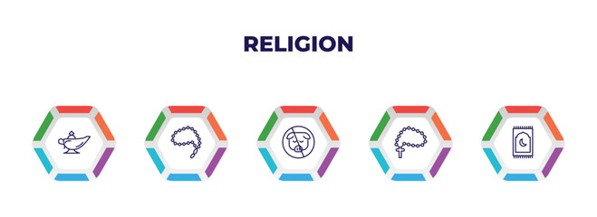editable outline icons with infographic template. infographic for religion concept. included arabian magic lamp, prayer beads, forbidden foods, raya rosary, islamic praying carpet icons.