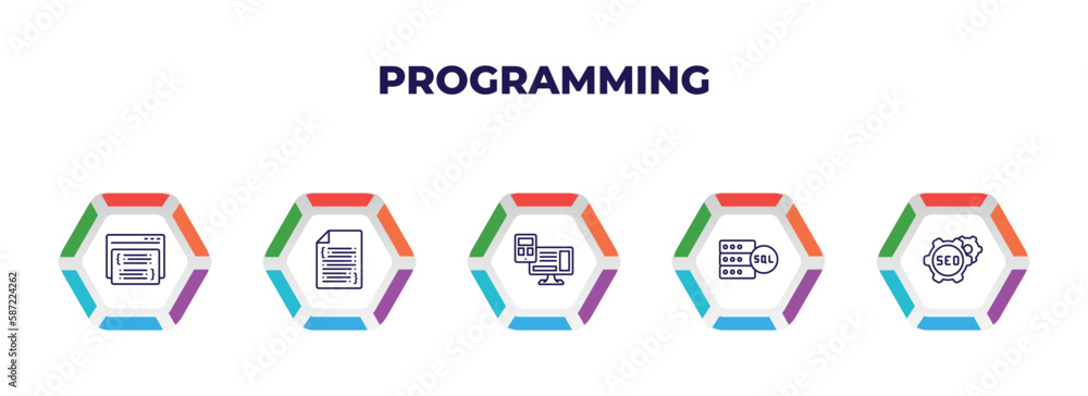 Poster editable outline icons with infographic template. infographic for programming concept. included page