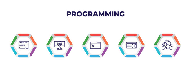 editable outline icons with infographic template. infographic for programming concept. included web page, computing, code terminal, command, secured network icons.