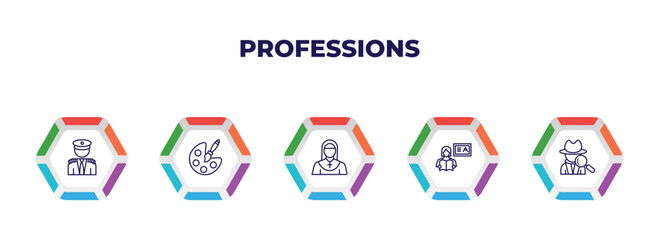 editable outline icons with infographic template. infographic for professions concept. included captain, artist, nun, teacher, detective icons.