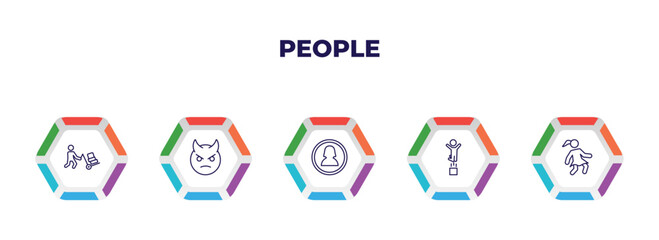 editable outline icons with infographic template. infographic for people concept. included worker loading, devil head with horns, woman profile, man jumping, woman covering icons.