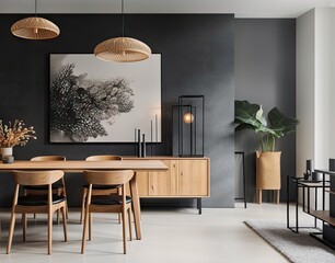 Dining room in modern style, minimalist design, copy space. Website images