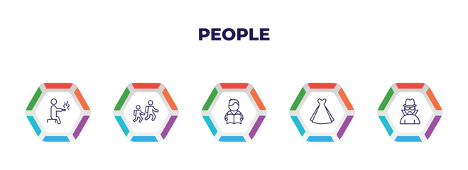 editable outline icons with infographic template. infographic for people concept. included smoking man, walking to school, student books, bride dress, gangsters icons.