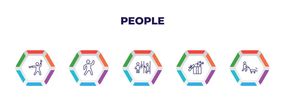 editable outline icons with infographic template. infographic for people concept. included flag semaphore language, dancing man, pregnant priority, open present box, person mowing the grass icons.