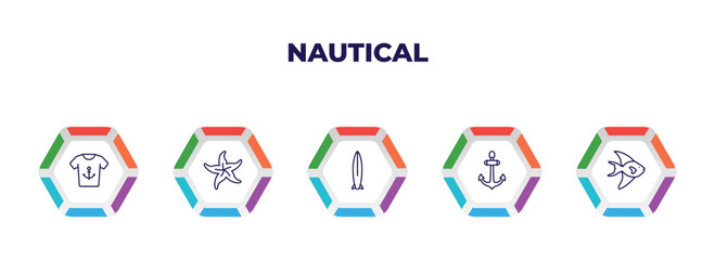 editable outline icons with infographic template. infographic for nautical concept. included shirt, starfish, one suroard, big anchor, fish facing right icons.