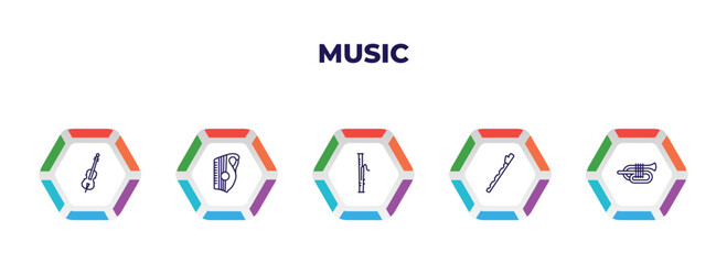 editable outline icons with infographic template. infographic for music concept. included violoncello, zither, bassoon, pennywhistle, cornet icons.