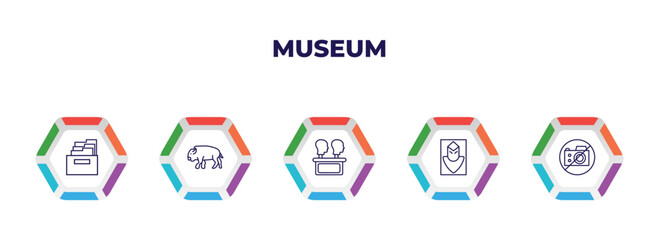 editable outline icons with infographic template. infographic for museum concept. included archivist, buffalo, remains, el greco, no photo icons.