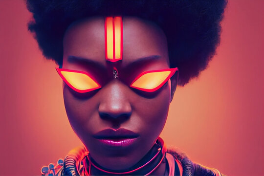 Casho  -  Full body fashion portrait, Stock photography of a beautiful Somalian Cyborg girl, fictitious person. (Ai generated)