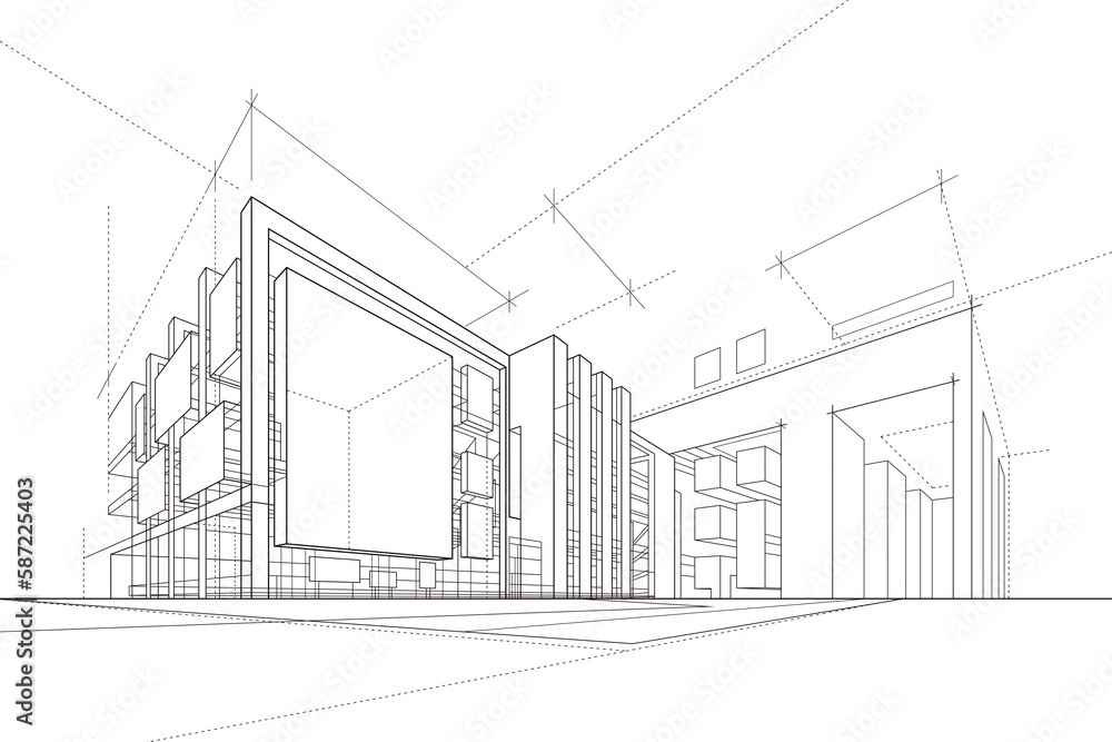 Poster 3D Illustration Abstract Architectural Modern Urban Line Drawing with an isolated transparent background.