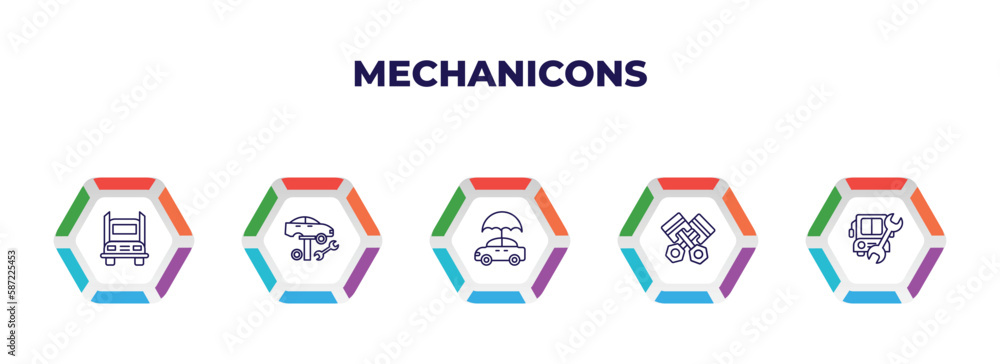 Poster editable outline icons with infographic template. infographic for mechanicons concept. included big 