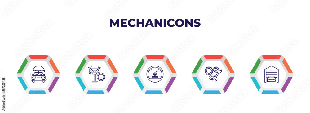 Poster editable outline icons with infographic template. infographic for mechanicons concept. included car 
